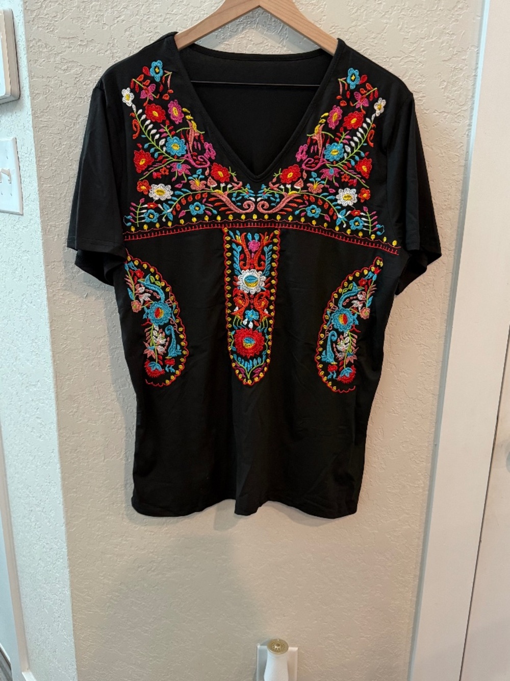 Womens Mexican Embroidered Tops Short Sleeve Fiesta Shirts Floral Peasant Blouse